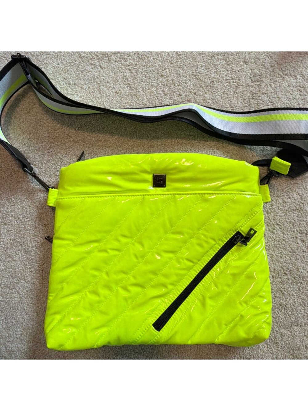 Think Royln Neon Yellow Green Patent Quilted Puffer Crossbody Bag Striped Strap